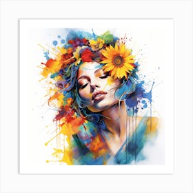 Girl With Sunflowers Art Print