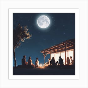 Full Moon At Night.A group of people sitting under the moonlight looking at flying lights Art Print