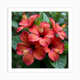 A Beautiful Arrangement Of Tropical Hibiscus Flowers With Lush Greenery 3 Art Print