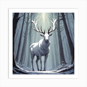 A White Stag In A Fog Forest In Minimalist Style Square Composition 58 Art Print