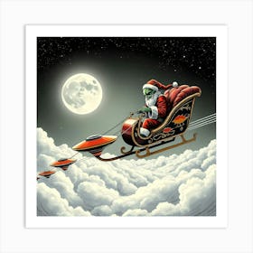 Alien Santa Claus In Clouds Pulled by Ufos Art Print