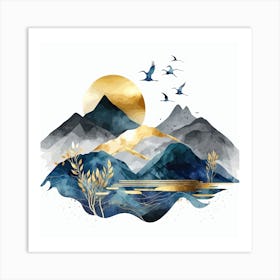 Mountains And Birds Landscape Watercolor Abstract Art Print