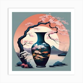 Flower Vase Decorated with Japanese Landscape, Deep Blue, Turquoise and Coral Art Print