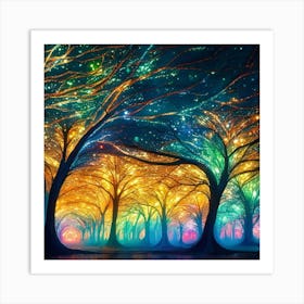 A captivating scene of trees that appear to be alive, with twinkling lights and vibrant 7 Art Print