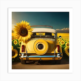 Vintage Car With Sunflowers, Digital Art Print, Home Decor Art Print