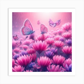 Pink Flowers In The Rain Art Print