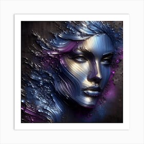 Portrait Of A Beautiful Lady - Embossed Artwork in Purple And Blue Metal Art Print