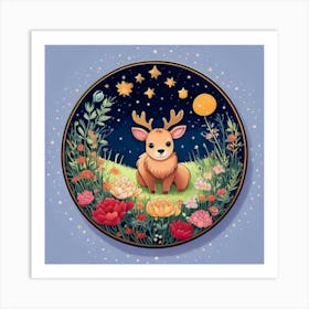 Firefly Charming, Cute, Reindeer, Baby, Winter, Meadow, Starry, Night, Round, Background, Peonies, S (1) Art Print