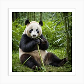 A Panda Sits Contently Eating Bamboo Amidst A Lush Green Forest, Its Black And White Fur Contrasting Beautifully With Nature Art Print