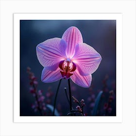 A Radiant Orchid With Petals Of Cascading, Holographic Ribbons Blooming In A Twilight Meadow Art Print