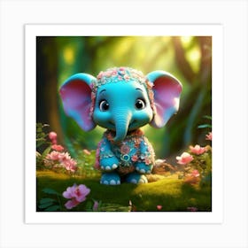 Firefly 3d, Animated, Cute, Little, Round, Turquoise, Elephant, Baby, Forest, Pink Flowers, Whimsica (6) Art Print