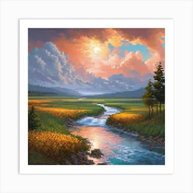 A Landscape Painting Of sun raise art print Art Print