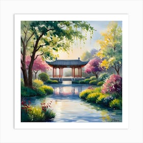 Water Color Oil Painting Of A Tranquil Zhen Garden 3 Art Print