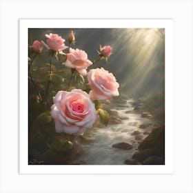 Roses By The Stream Art Print