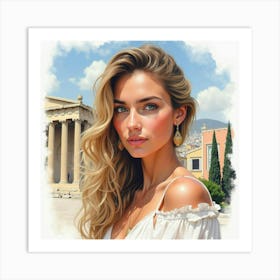 Watercolor Portrait Of A Beautiful Greek Woman, Framed By The Stunning Architecture Of Athens 1 Art Print