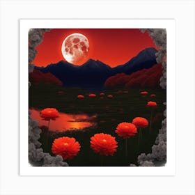 Red Flowers In The Moonlight Art Print