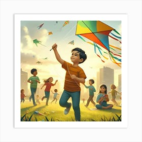 A Child Flying A Kite In A Park With Other Kids Playing In The Background 2 Art Print