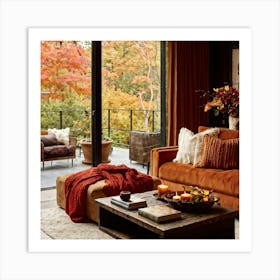 Autumn Living Room Embracing The Essence Of Comfort With A Palette Of Warm Oranges Reds And Golds 2 1 Art Print