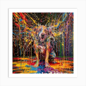 Joyful Chaos A Vibrant Abstract Expressionist Masterpiece With A Paint Shaking Dog (1) Art Print