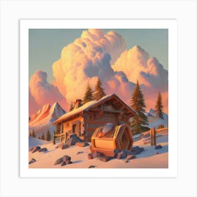 Mountain village snow wooden huts 6 Art Print