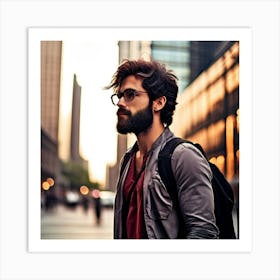 Man Black Hair Beard Red Brown Shirt Looking Away Black Backpack Glasses Metal Building (5) Art Print