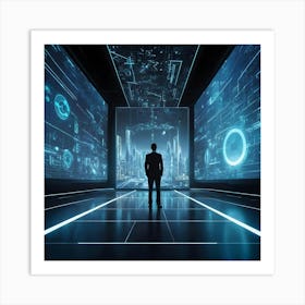 Futuristic Businessman Standing In Futuristic Hallway Art Print