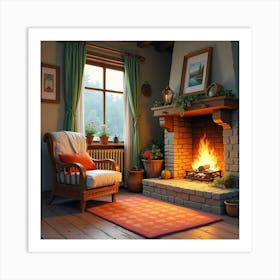 Cozy Evening By A Country Fireplace, Watercolor With Warm Glow And Comfort 1 Art Print