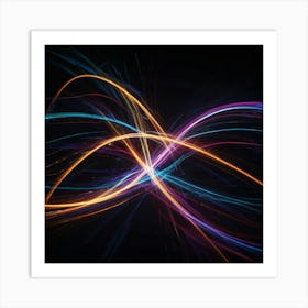 A dynamic and energetic abstract composition of glowing light trails in neon colors, swirling and overlapping in a dark background. The image should convey speed, energy, and a sense of modernity. Art Print