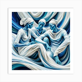 Three Women In Blue Art Print