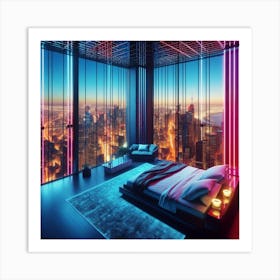 Modern Bedroom With Neon Lights Art Print