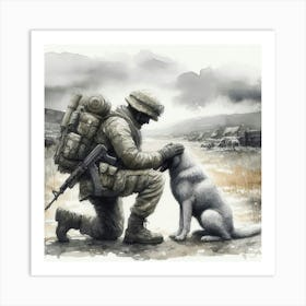 Soldier Kneeling Down To His Dog Art Print