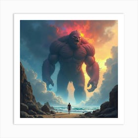 Titan Battling Storm Giants, Watercolor, Dramatic Colors 1 Art Print