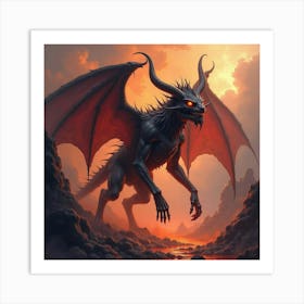 Demon With Fiery Eyes In A Watercolor Hellscape 1 Art Print