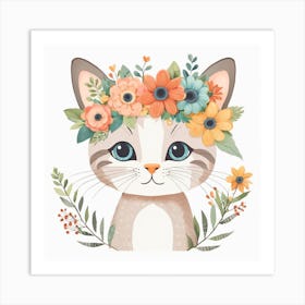 Floral Baby Cat Nursery Illustration (30) Art Print