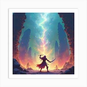 Fighter Battling In A Colorful Watercolor, Mystical Arena 1 Art Print