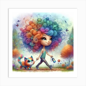 Colorful Girl With Cat Art Print