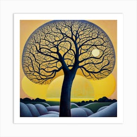 A Tree of life in front of a yellow moon. The tree is tall and thin, with bare branches. The moon is large and round, and it is casting a bright yellow light on the tree and the ground below. The painting is very simple, but it is also very effective. The artist has used a limited number of colors, but they have used them to create a very striking and atmospheric image. The contrast between the black tree and the yellow moon is very stark, and it creates a sense of drama and tension. The painting is also very well-composed. The tree is placed in the center of the image, and the moon is placed in the background. This creates a sense of balance and harmony. Overall, I think the painting is a very beautiful and effective work of art. It is also a very good example of how to use a limited number of colors to create a striking and atmospheric image. Here are some additional observations I can make about the painting: The tree is bare, which suggests that the painting is set in the winter. The moon is full, which suggests that the painting is set at night. The sky is black, which suggests that the night is clear and starlit. The ground is covered in snow, which suggests that the painting is set in a cold climate. The painting has a very somber and melancholic mood. This is conveyed by the use of dark colors, the bare tree, and the cold, winter setting. The painting may be about the loneliness and isolation of winter, or it may be about something more general, such as the ephemeral nature of life 1 Art Print