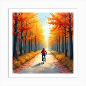 Road Bike Through A Colorful Autumn Forest Watercolor 1 Art Print