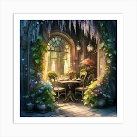 Quiet and attractive dining nook, overgrown flowers, high quality, detailed, highly 3D, elegant carved cart, 23 Art Print