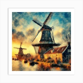 Sketching Amsterdam S Windmills At Sunset, Capturing The Essence Of Dutch Life Style Windmill Sunset Impressionism (4) Art Print