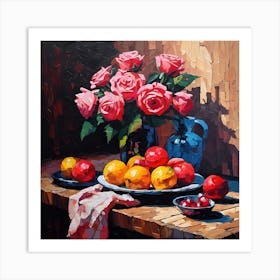 Apples and Pink Roses on Wooden Table Art Print