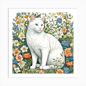 william morris inspired White Cat In Flowers Art Print