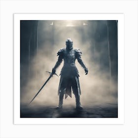 Man Standing In Dynamic Pose Wearing Armor Holding Sword And Magic, Futuristic Medieval, Epic Compos Art Print