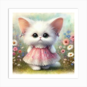 Little White Kitten In Pink Dress Art Print