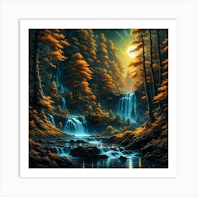 Nighttime Forest And Waterfall Art Print