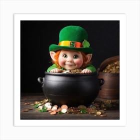 Little Leprechaun Peeks Out Of The Pot W 3 Art Print