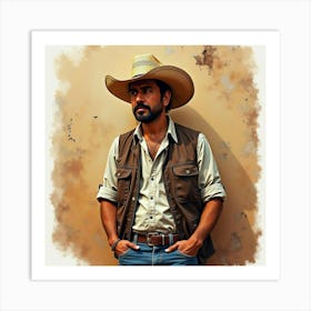 Spanish Man With A Rustic Background, Watercolor With Rugged Textures 1 Art Print