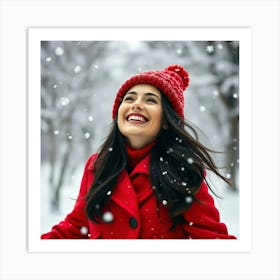 Happy Woman In The Snow Art Print