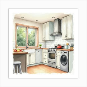 Elegant Kitchen Watercolor Painting, Soft And Inviting Hues 1 Art Print