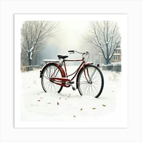 Antique Bicycle On A Snowy Winter Scene Watercolor 1 Art Print